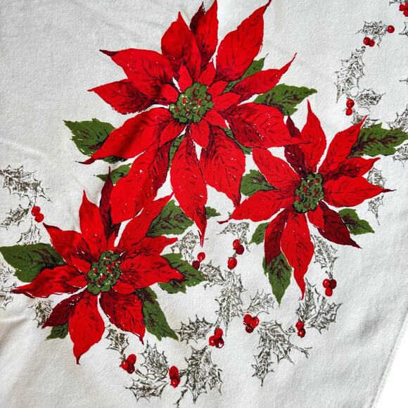 Vintage Christmas holiday tablecloth square printed cotton AS FOUND with stains - Picture 11 of 12